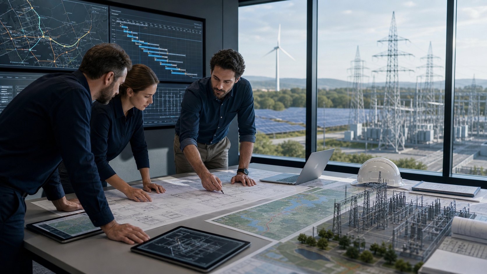 Engineering-Team prüft technische Pläne für Energie- und Infrastrukturprojekte